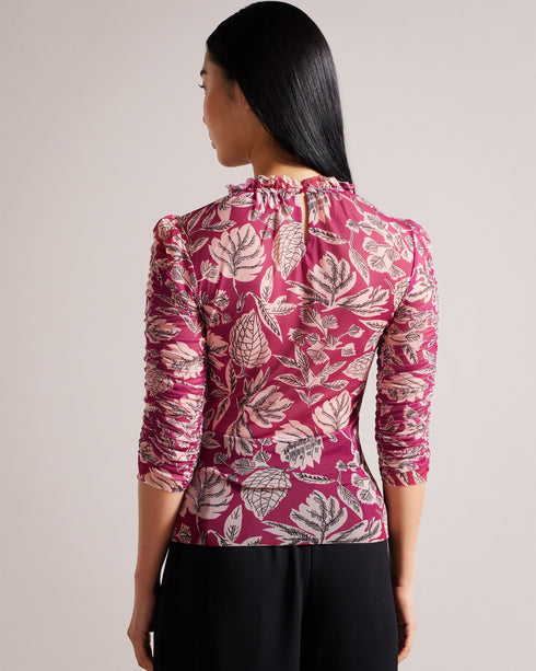 IZABELO-Tops-This is no ordinary top. From frills and mesh to ruched sleeves and a bold print, what more could you possibly want from IZABELO? A true statement piece, this vibrant top will bring new life to your wardrobe. Sit back and let your outfit do the talking. Mesh top Leaf print Ruched 3/4 sleeves Frill details High neck Button fastening Chae is 5'9.5" / 1.77m and wears Bright Pink in a Ted size 1- Ted Baker Romania